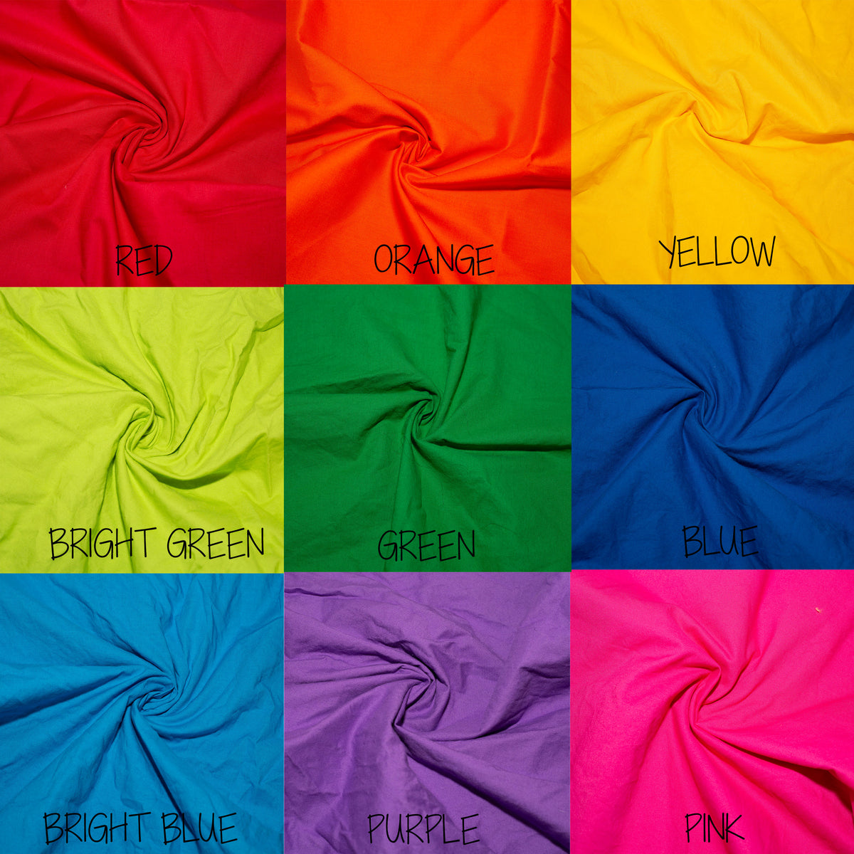 Bandana Color Chart showing Red, Orange, Yellow, Green, Blue, Bright Blue Purple and Pink.