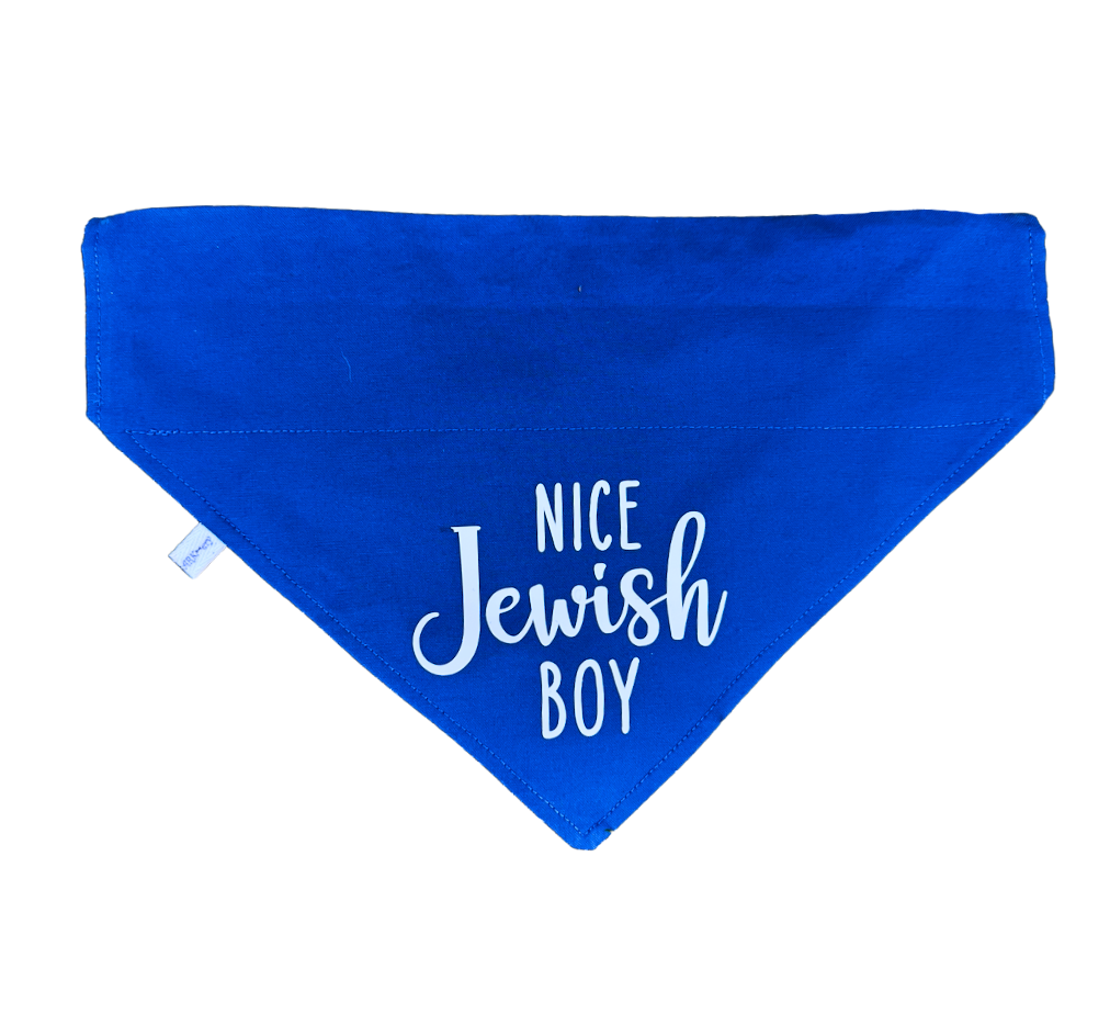 Dog Bandana with Nice Jewish Boy written in it.