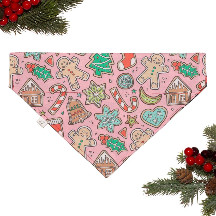 Pink Christmas Cookies and Poinsettia Flowers  Reversible Personalized Holiday Dog Bandana