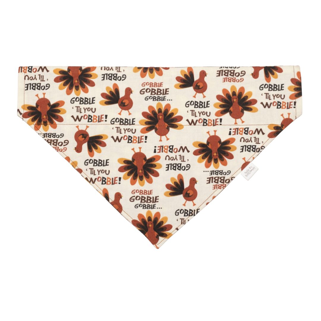 Gobble Till You Wobble Turkeys and Fall Checkered Paws Reversible Dog Bandana