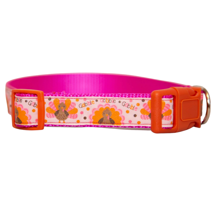 Pink Turkey Thanksgiving Dog Collar (1" Wide)