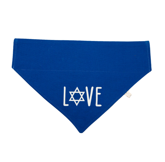 A blue bandana with the word 'LOVE' printed in bold letters, where the 'O' is replaced by a Jewish star symbol. Bandana is blue and letting is white.