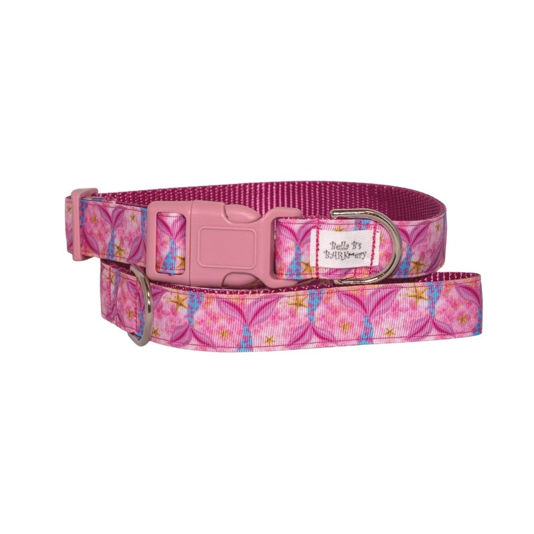 Pink Mermaid Tail Dog Collar and Leash (1" Wide)