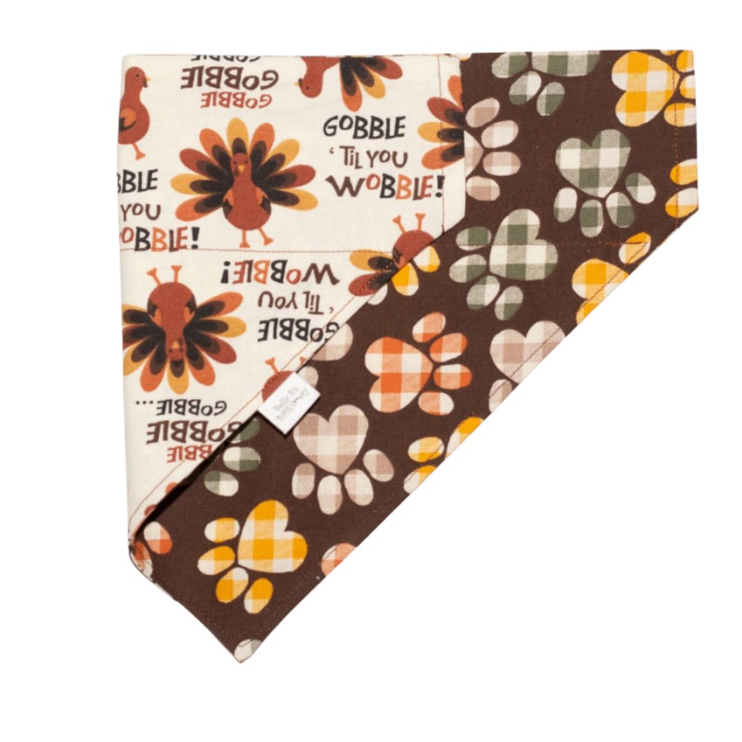 Gobble Till You Wobble Turkeys and Fall Checkered Paws Reversible Dog Bandana