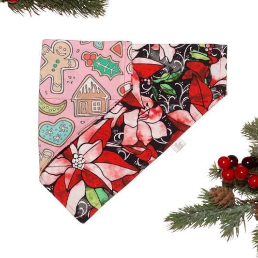 Pink Christmas Cookies and Poinsettia Flowers  Reversible Personalized Holiday Dog Bandana