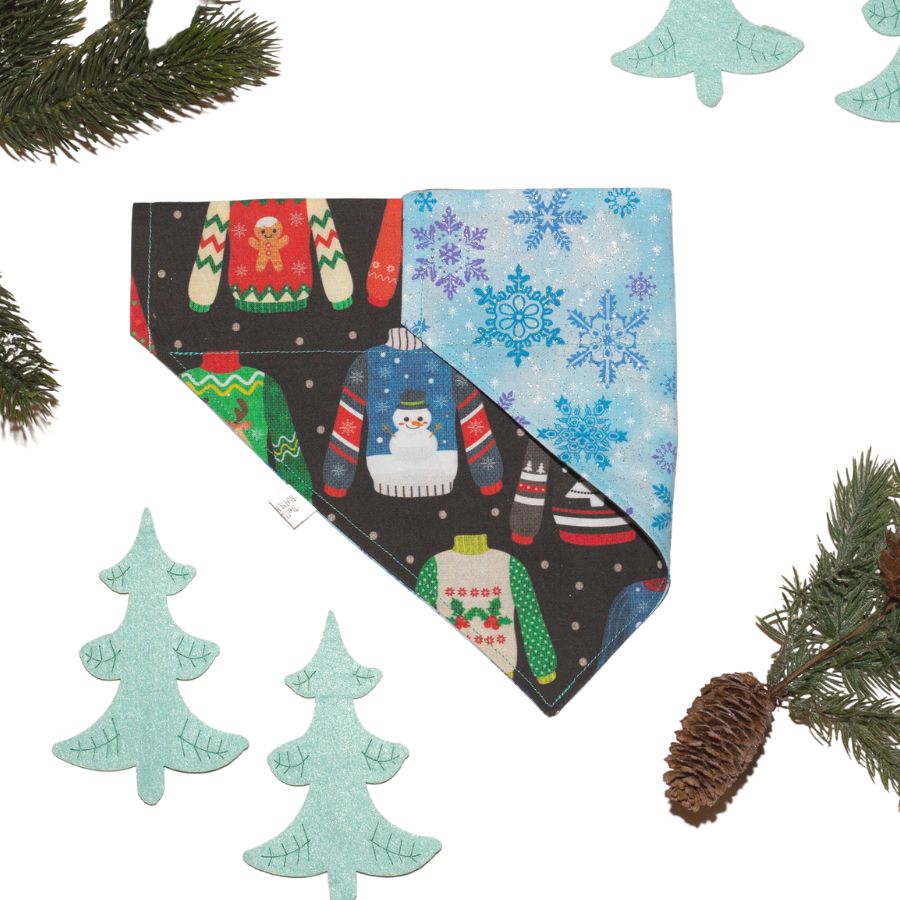 Ugly Christmas Sweater / Winter Snow Flakes  Reversible Personalized Dog Bandana