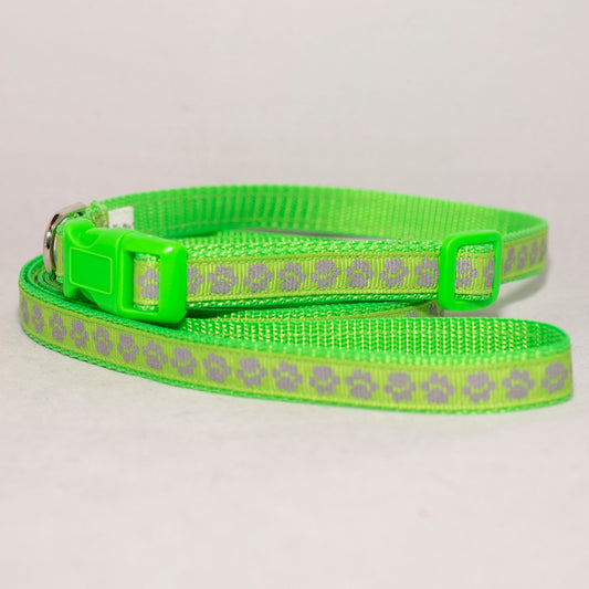 Lime Green with Reflective Paws Dog Collar and Leash Set (1/2" Wide)